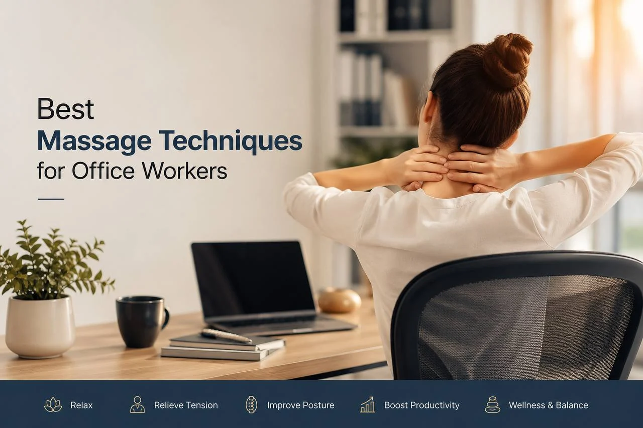 Woman relaxing at office desk after neck massage therapy